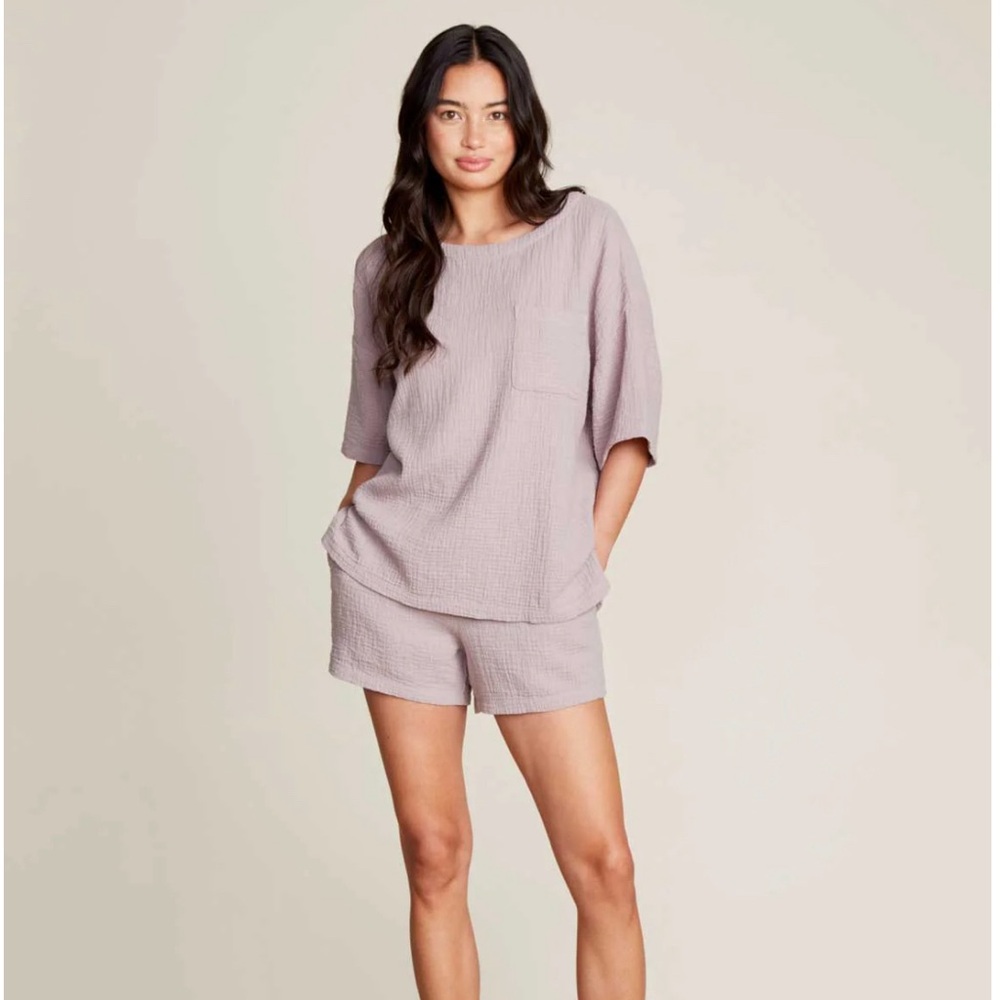 Malibu Collection Sun Soaked Crinkle Cotton Tee & Short Set in Beach Rock XS